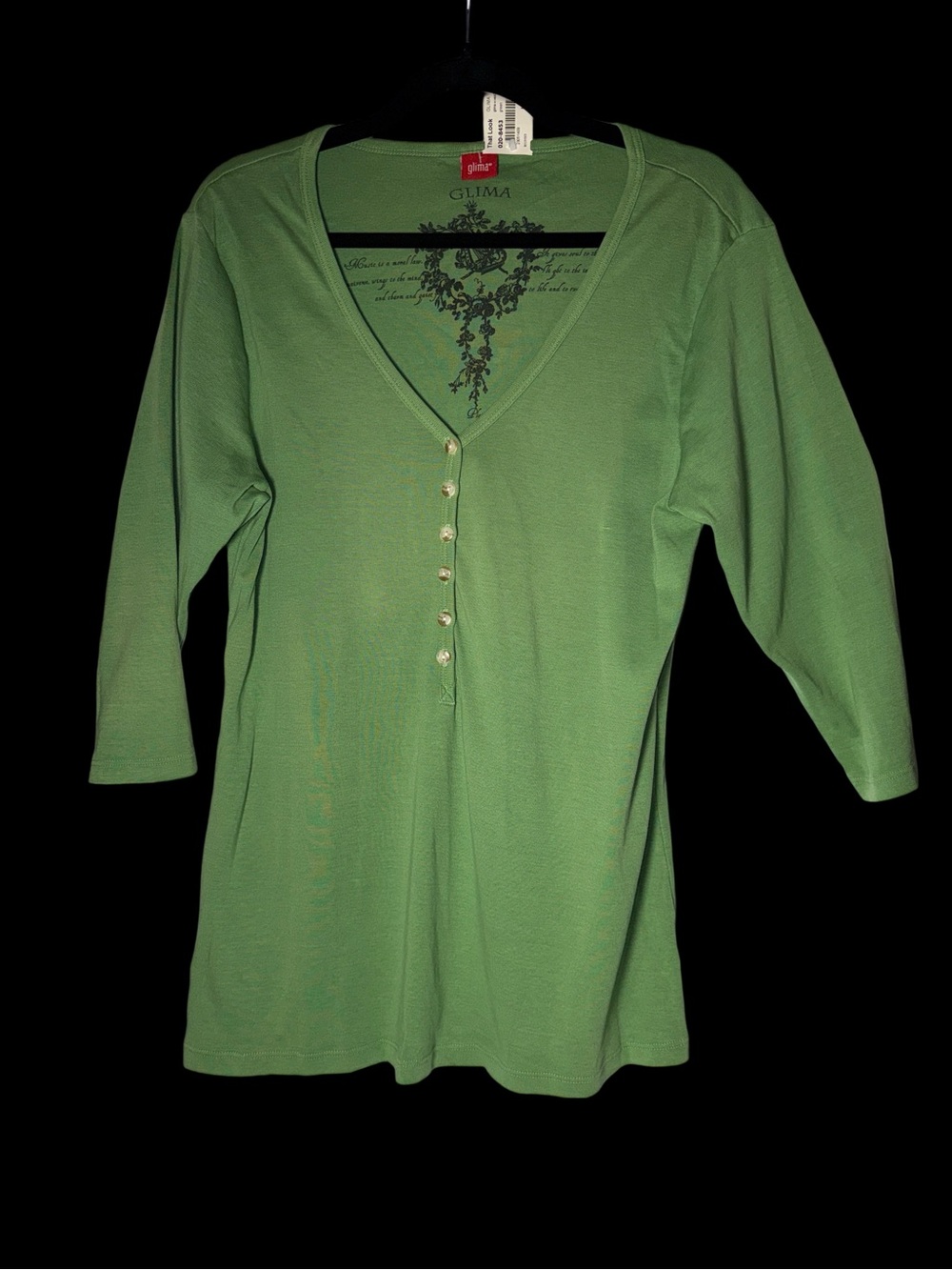 Glima Women's Green V-Neck Buttoned Long Sleeve Tee